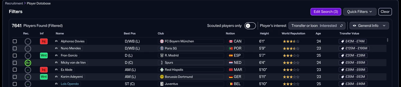 Football Manager 26, Recruitment, Player Database: the breadcrumb Recruitment › Player Database, 7641 Players Found (Filtered), Player's interest set to Transfer or loan, Interested, and three more filters in Edit Search (3), above a list from Alphonso Davies and Nuno Mendes.
