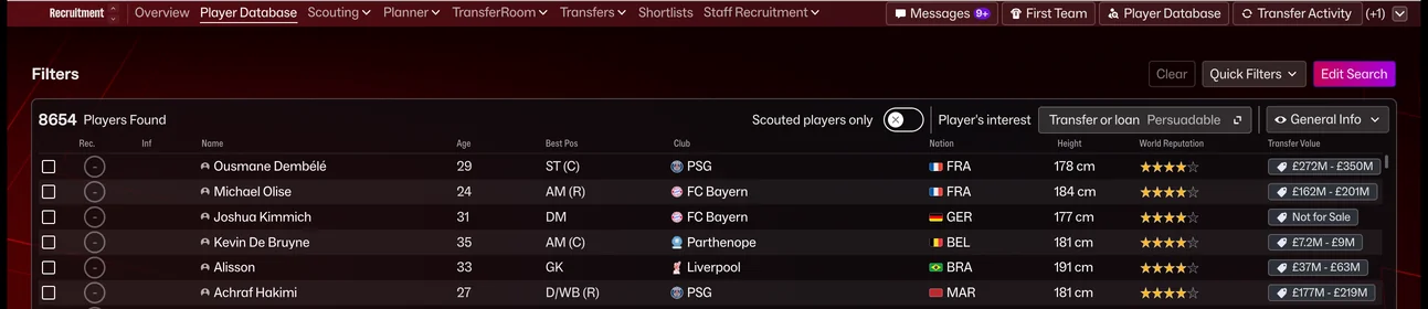 Football Manager 27, Recruitment, Player Database: 8654 Players Found, Player's interest set to Transfer or loan, Persuadable, above a list from Ousmane Dembélé and Michael Olise.