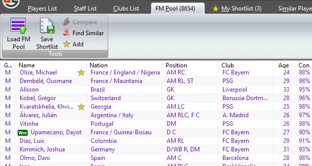 Genie Scout 27 FM Pool page: the tab FM Pool (8654), the Load FM Pool and Save Shortlist buttons, and the same players in purple, from Michael Olise and Ousmane Dembélé.