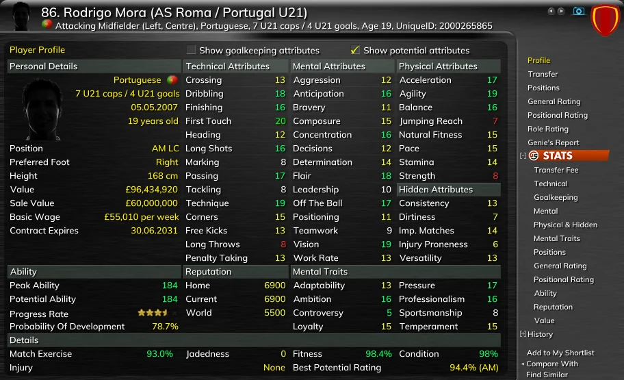 The same profile with Show potential attributes ticked: Dribbling 18, Vision 19, Peak Ability 184, Potential Ability 184, Best Potential Rating 94.4% (AM).