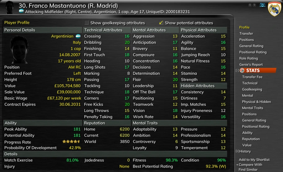 The same profile with Show potential attributes ticked: Dribbling 20, Vision 18, Peak Ability 181, Potential Ability 181, Best Potential Rating 92.3% (W).