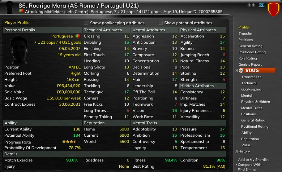 Genie Scout 27 Player Profile of Rodrigo Mora, AS Roma, 19, with Show potential attributes off: Dribbling 16, Vision 16, Current Ability 138, Potential Ability 184, Progress Rate three and a half stars, Probability Of Development 78.7%, Best Rating 81.1% (AM).