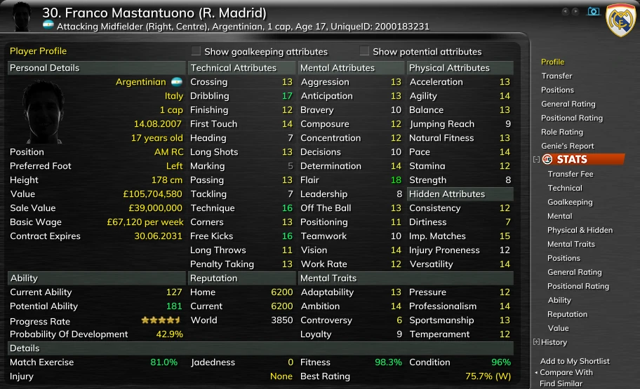 Genie Scout 26 Player Profile of Franco Mastantuono, Real Madrid, 17, with Show potential attributes off: Dribbling 17, Vision 14, Current Ability 127, Potential Ability 181, Progress Rate four and a half stars, Probability Of Development 42.9%, Best Rating 75.7% (W).