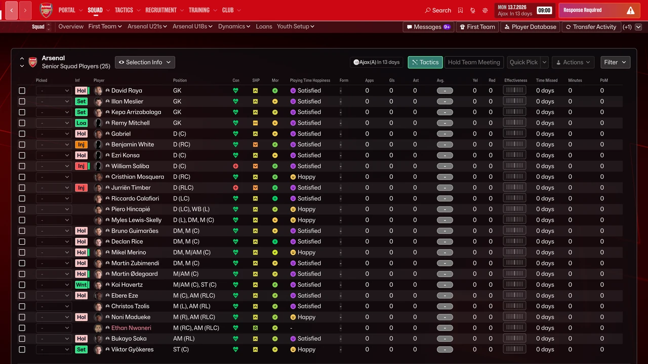 Football Manager 27, Arsenal's First Team squad screen: 25 players from David Raya and the other goalkeepers down to Bukayo Saka and Viktor Gyökeres, each with his (i) icon.