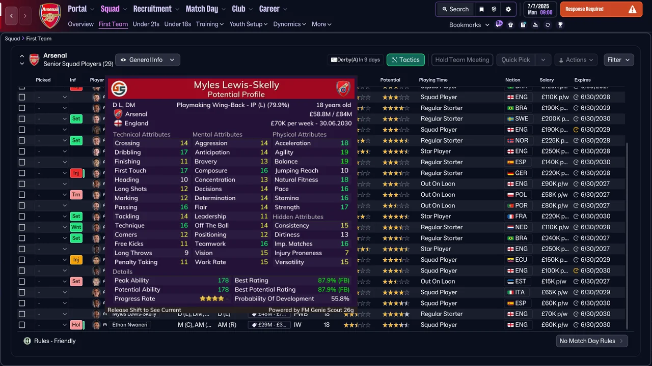 The same card with Shift held, Potential Profile: Peak Ability 178, Potential Ability 178, Best Rating 87.9% (FB). The footer reads Release Shift to See Current.
