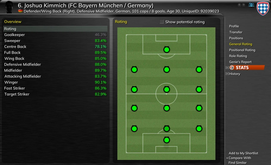 Joshua Kimmich's General Rating page: Goalkeeper 46.3%, Sweeper 83.4%, Centre Back 78.1%, Full Back 89.5%, Wing Back 85.0%, Defensive Midfielder 88.0%, Midfielder 89.7%, Attacking Midfielder 83.7%, Winger 90.1%, Fast Striker 86.3%, Target Striker 82.9%, every outfield position green on the pitch.