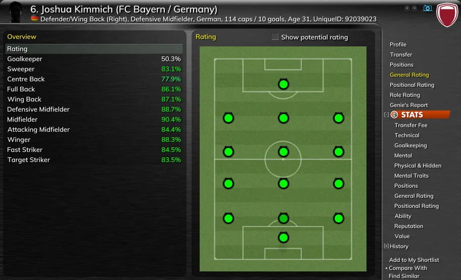 Joshua Kimmich's General Rating page: Goalkeeper 50.3%, Sweeper 83.1%, Centre Back 77.9%, Full Back 86.1%, Wing Back 87.1%, Defensive Midfielder 88.7%, Midfielder 90.4%, Attacking Midfielder 84.4%, Winger 88.3%, Fast Striker 84.5%, Target Striker 83.5%, every outfield position green on the pitch.
