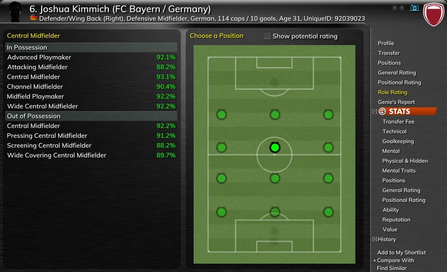 Joshua Kimmich's Role Rating page at central midfield: in possession Advanced Playmaker 92.1%, Attacking Midfielder 88.2%, Central Midfielder 93.1%, Channel Midfielder 90.4%, Midfield Playmaker 92.2%, Wide Central Midfielder 92.2%; out of possession Central Midfielder 92.2%, Pressing Central Midfielder 91.2%, Screening Central Midfielder 88.2%, Wide Covering Central Midfielder 89.7%.