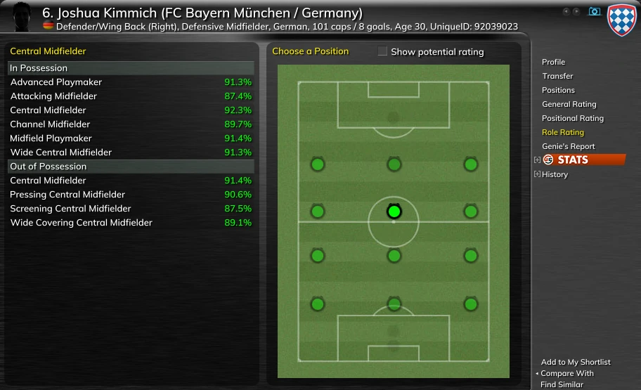 Joshua Kimmich's Role Rating page at central midfield: in possession Advanced Playmaker 91.3%, Attacking Midfielder 87.4%, Central Midfielder 92.3%, Channel Midfielder 89.7%, Midfield Playmaker 91.4%, Wide Central Midfielder 91.3%; out of possession Central Midfielder 91.4%, Pressing Central Midfielder 90.6%, Screening Central Midfielder 87.5%, Wide Covering Central Midfielder 89.1%.